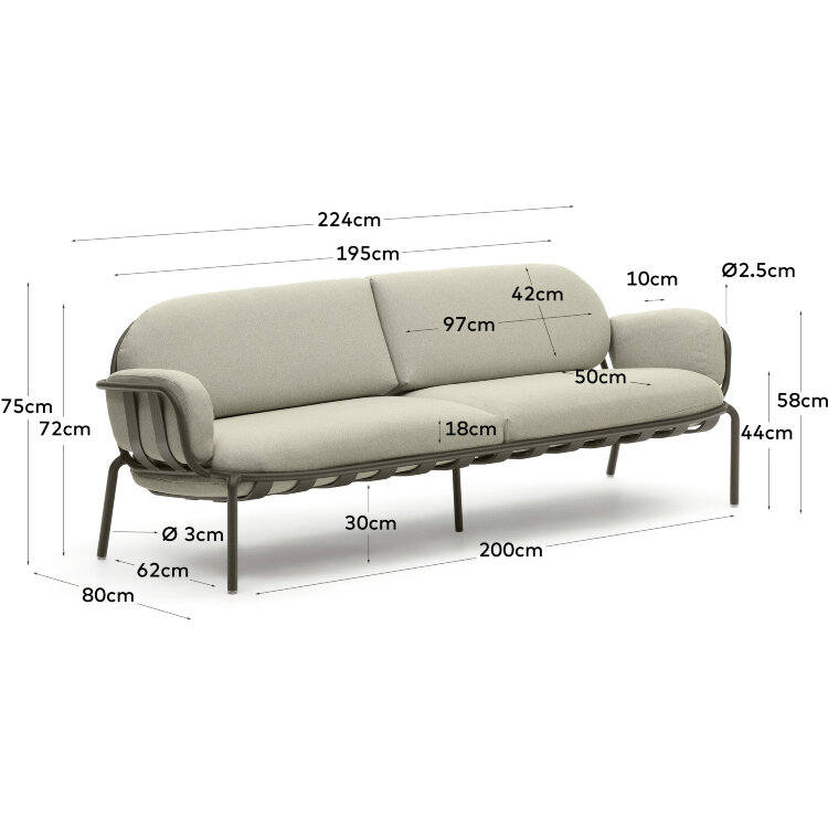 Трехместный уличный диван Joncols бежевый с графитовыми алюминиевыми ножками 225 см