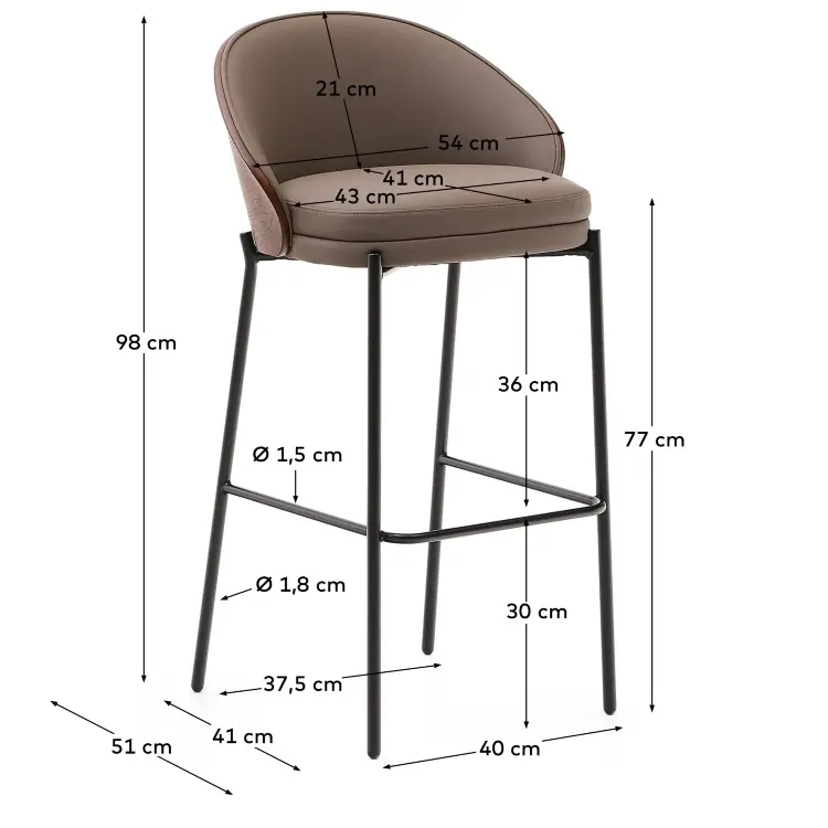 Стул барный Eamy из коричневой экокожи, ясеневого шпона с отделкой под орех и черного металла