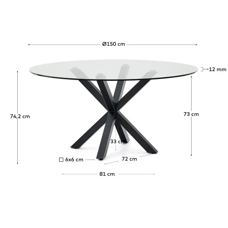 Круглый стеклянный стол Argo на стальных ножках с черной отделкой, Ø 150