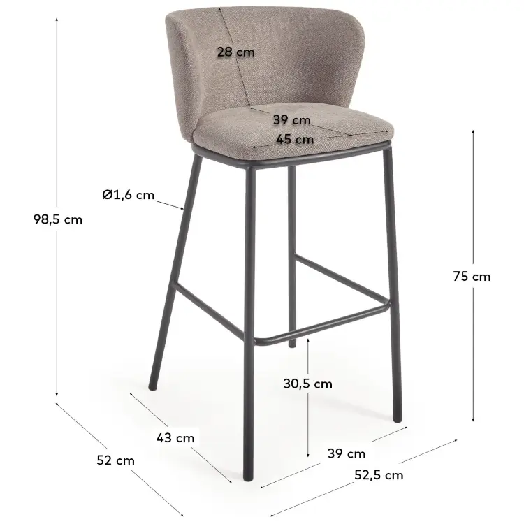 Ciselia Барный стул из светло-коричневой синели и черной стали, 75 см