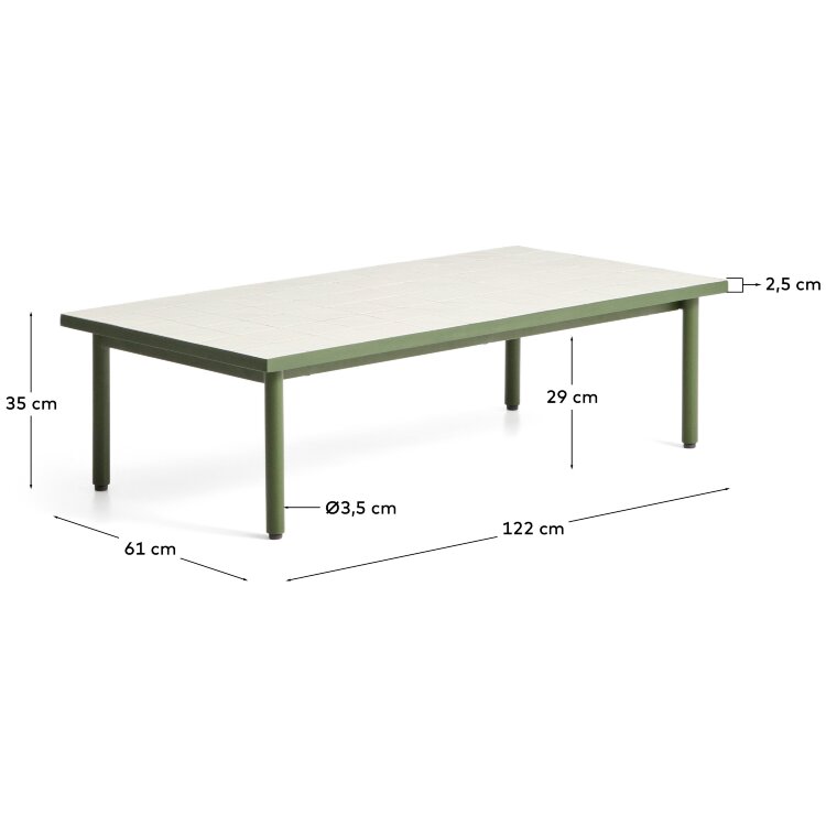 Уличный столик Maurina из зеленой стали с плиткой цвета экрю 122 x 61 см