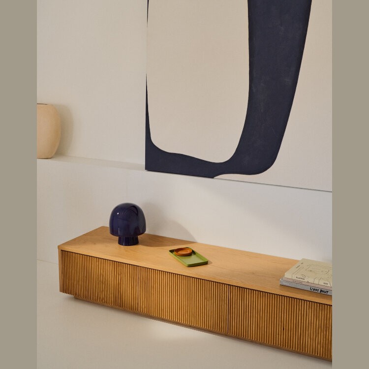 Тумба под телевизор Helvine с 4 ящиками из дубового шпона и закаленного стекла, 200 x 40