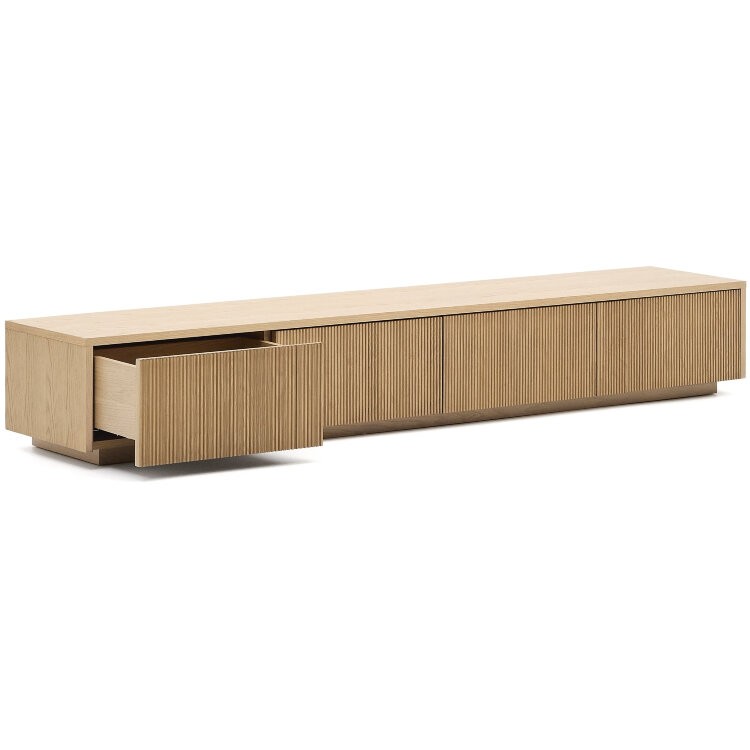 Тумба под телевизор Helvine с 4 ящиками из дубового шпона и закаленного стекла, 200 x 40