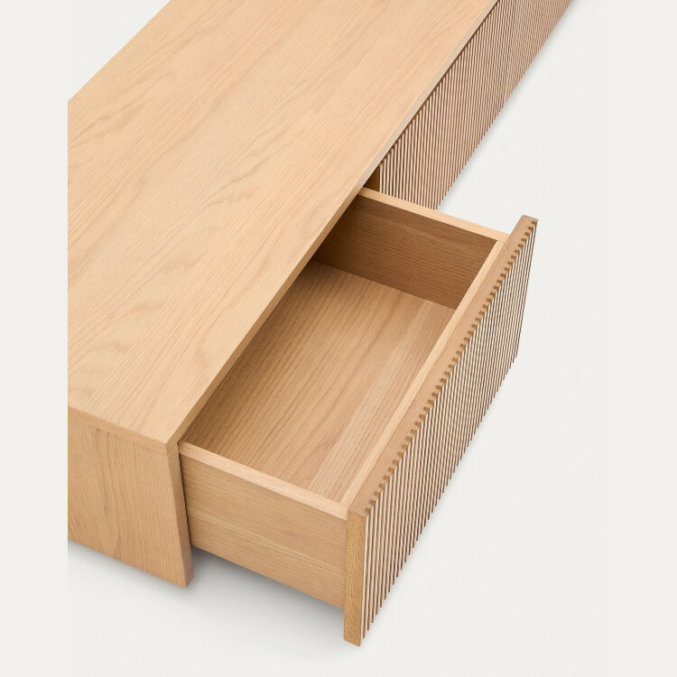 Тумба под телевизор Helvine с 4 ящиками из дубового шпона и закаленного стекла, 200 x 40