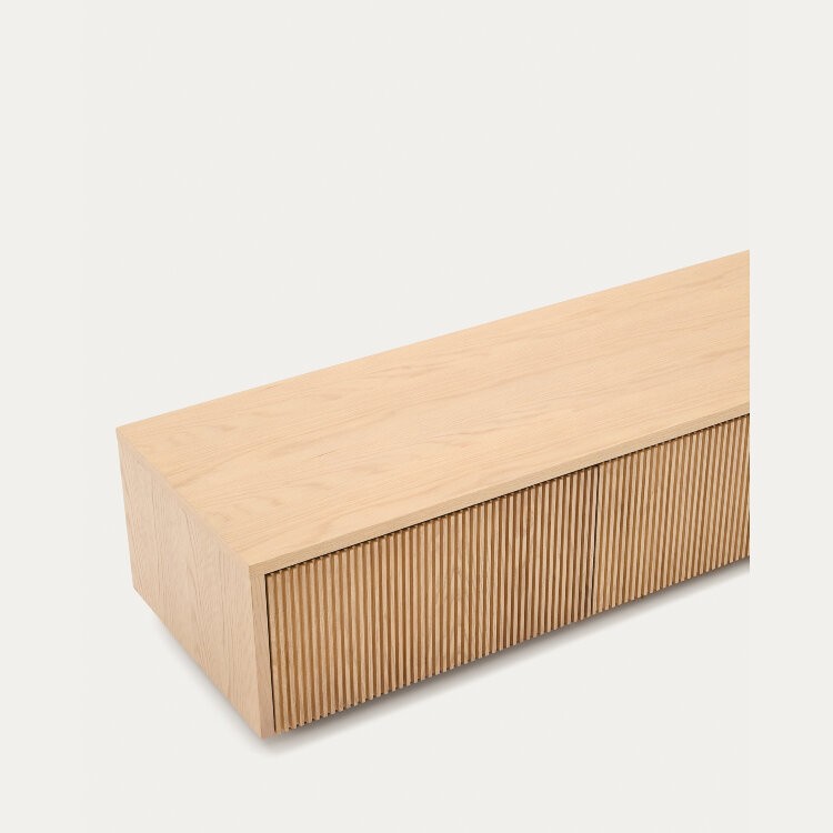 Тумба под телевизор Helvine с 4 ящиками из дубового шпона и закаленного стекла, 200 x 40