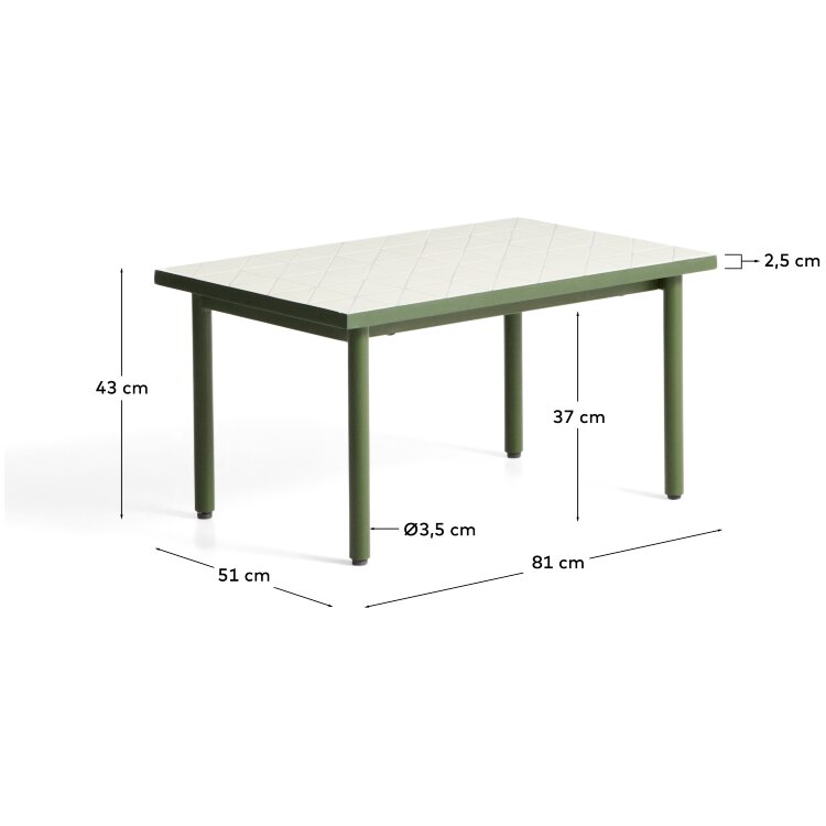 Уличный столик Maurina из зеленой стали с плиткой цвета экрю 81 x 51 см