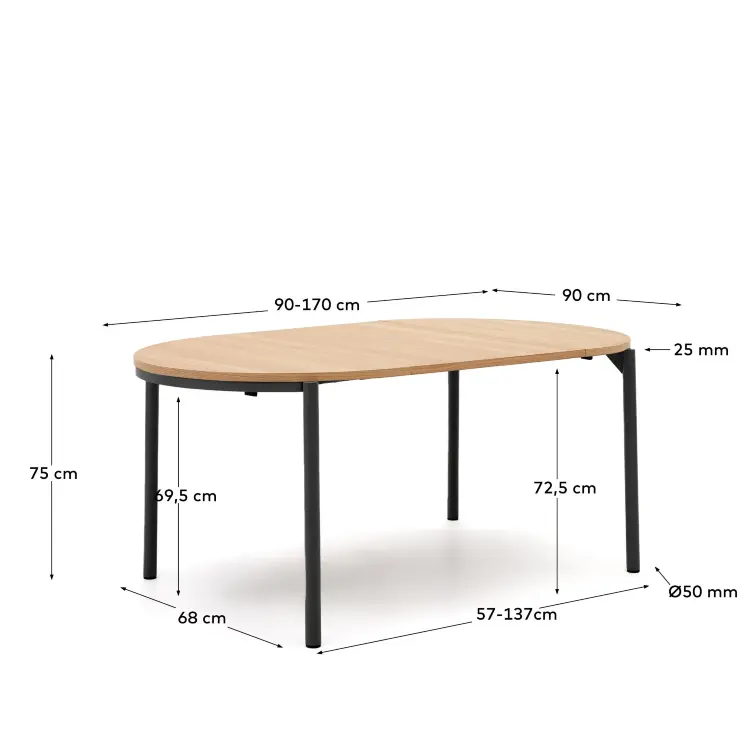 Montuiri Круглый раздвижной стол из дубового шпона с ножками черного цвета, Ø90(130) см