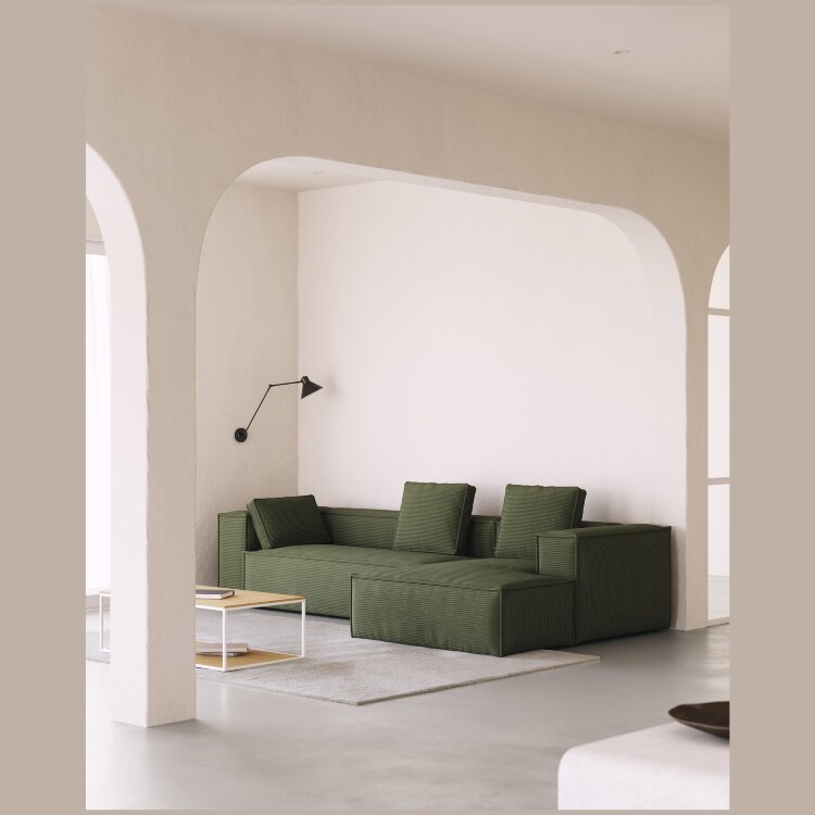 3-х местный диван Blok с правым шезлонгом в зеленом толстом вельвете 330 см