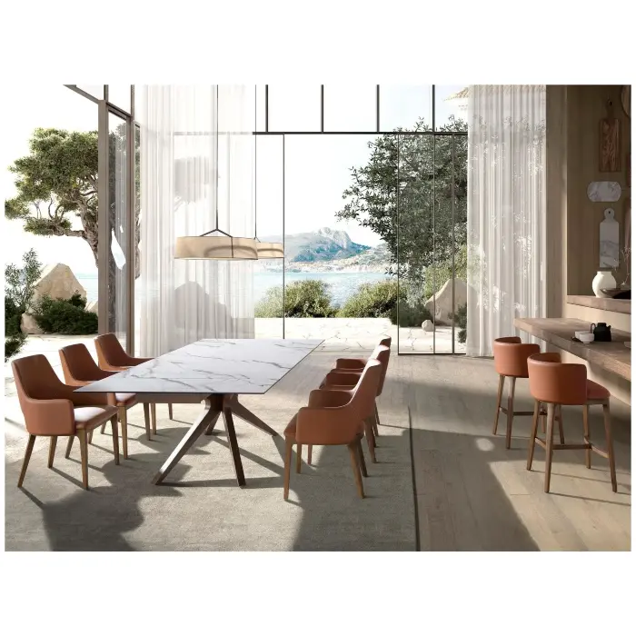 Прямоугольный раздвижной обеденный стол 1157 из керамики в отделке под мрамор