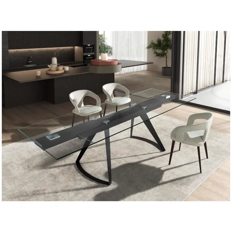 Прямоугольный раздвижной обеденный стол 1150 из стекла и черной стали