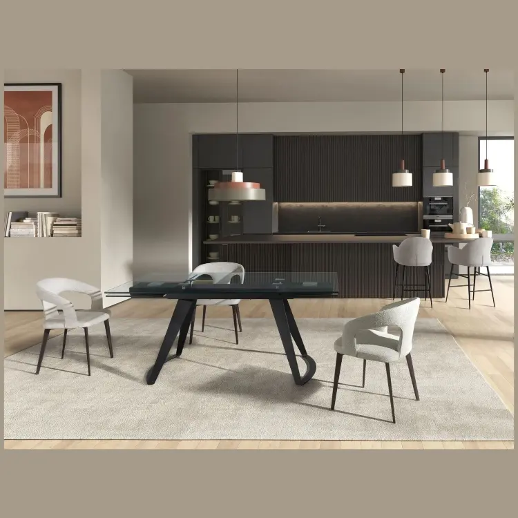 Прямоугольный раздвижной обеденный стол 1150 из стекла и черной стали