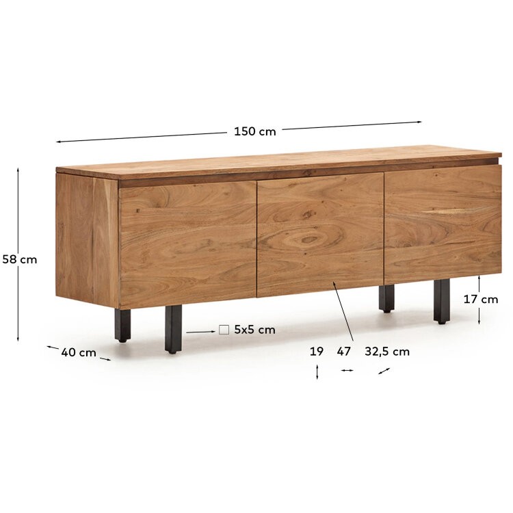 Тумба под телевизор Uxue с 3 дверцами из массива акации с беленой отделкой 150 x 58 см