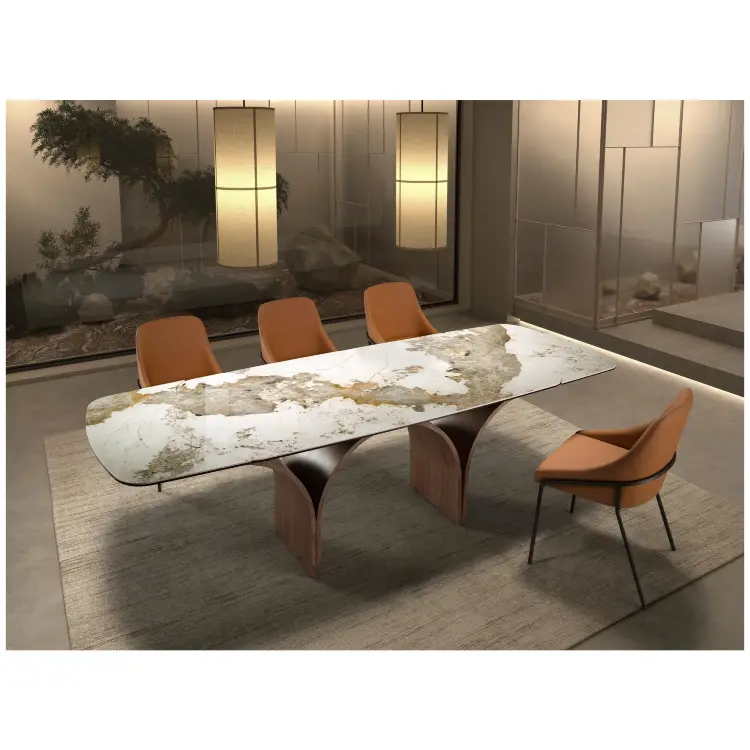 Раздвижной стол 1156 из керамики с эффектом мрамора и стали с отделкой под орех