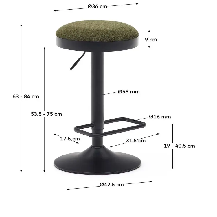Табурет Zaib из синели темно-зеленого цвета и черной матовой стали, высота 58-80 см.