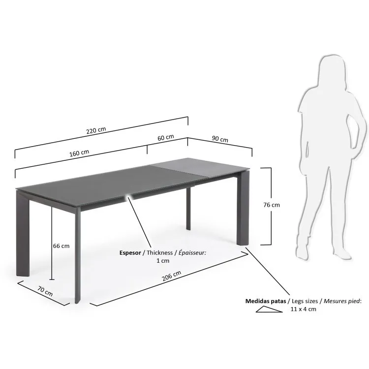Стол Atta 160 (220) x90 антрацит, темно-серый, стекло