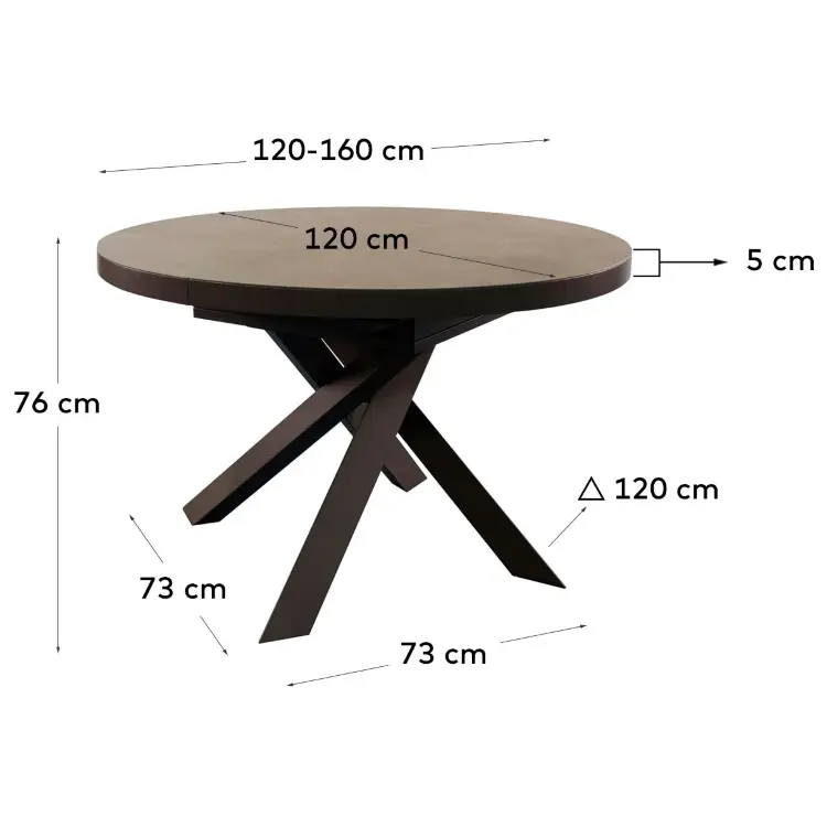 Vashti Круглый раздвижной стол из керамики и стали с коричневой отделкой Ø 120(160) см