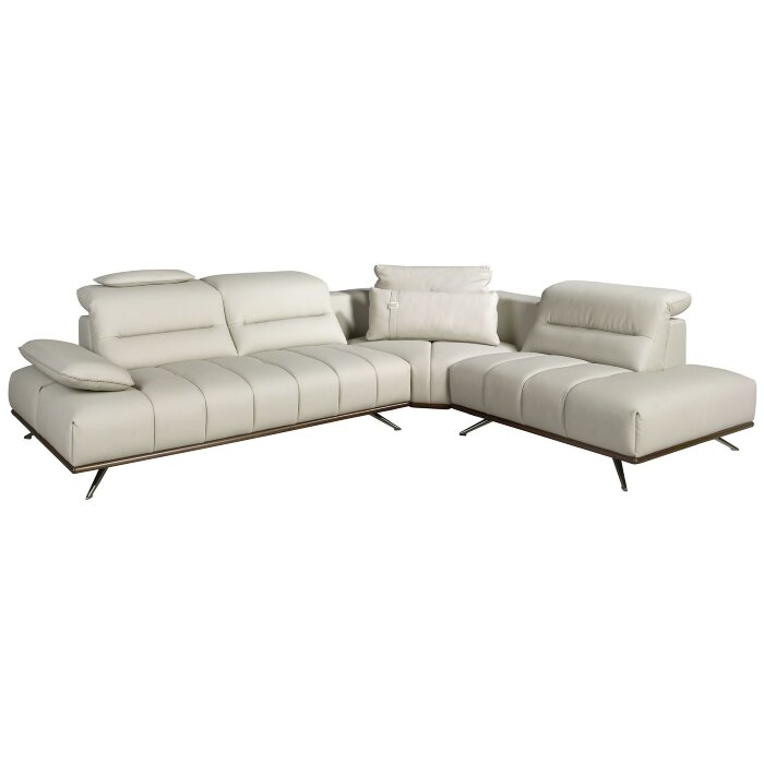 Угловой диван с правым шезлонгом 6244 из светло-серой кожи