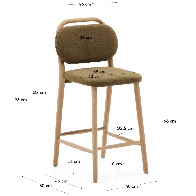 Полубарный стул Helda из зеленого шенилла и массива дуба FSC 65 см