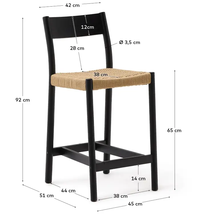 Analy Полубарный стул из массива дуба с черной отделкой и сиденьем из веревки 65 см
