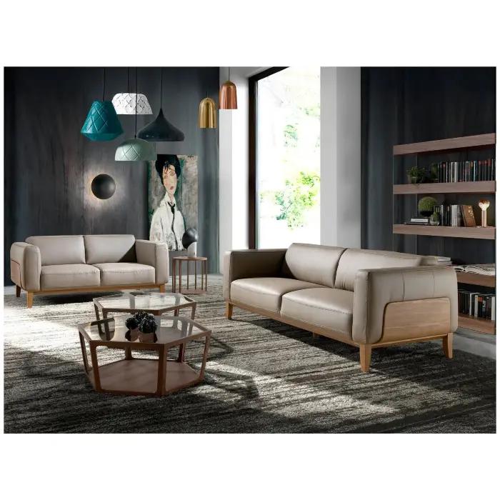 Диван 5353-3P /6029 3-х местный кожаный бежевый с каркасом из ореха