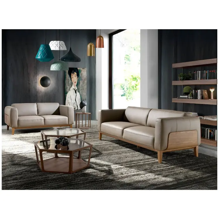 Диван 5353-3P /6029 3-х местный кожаный бежевый с каркасом из ореха