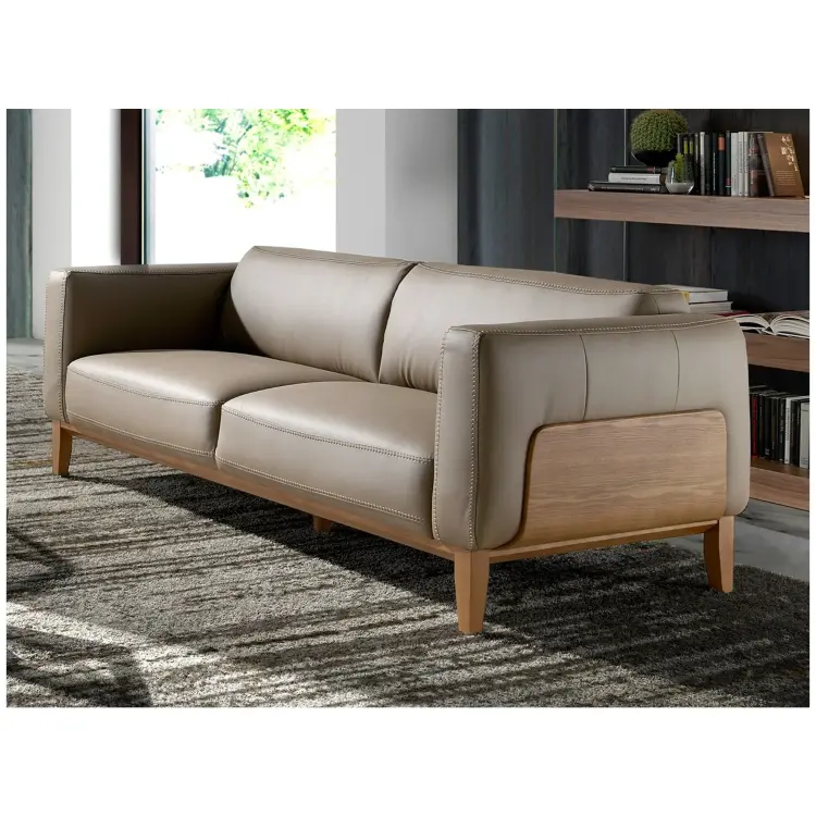 Диван 5353-3P /6029 3-х местный кожаный бежевый с каркасом из ореха