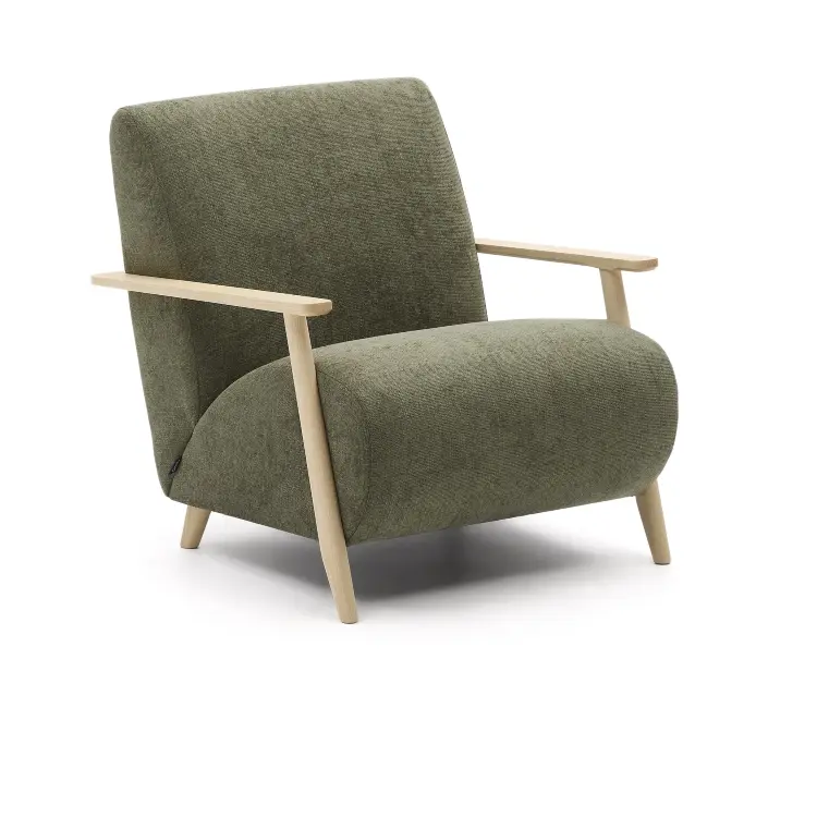 Кресло Meghan из зеленого шенилла с массивом бука в натуральной отделке