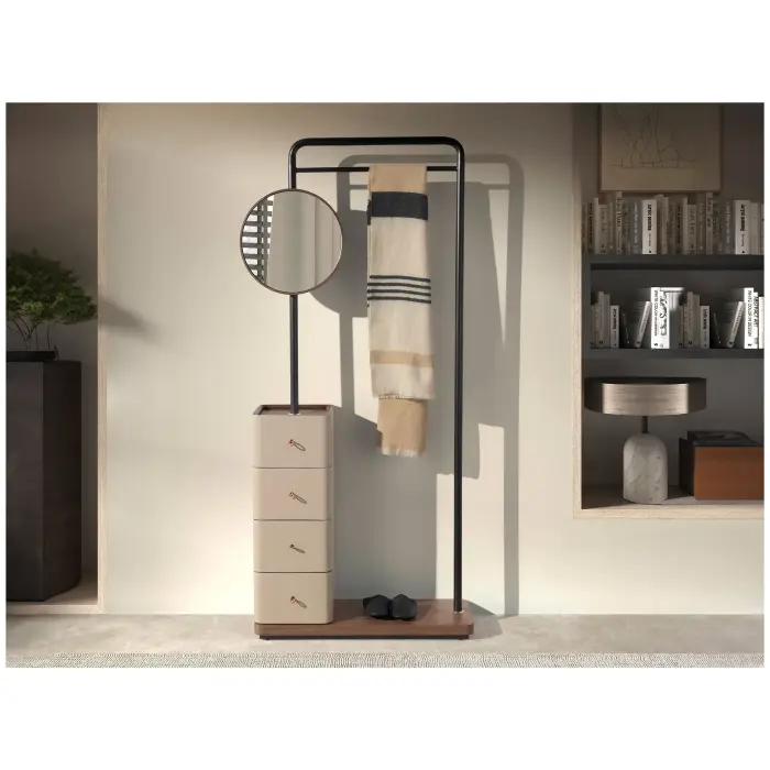 Вешалка для одежды 3281 из кожи, ореха и черной стали с зеркалом