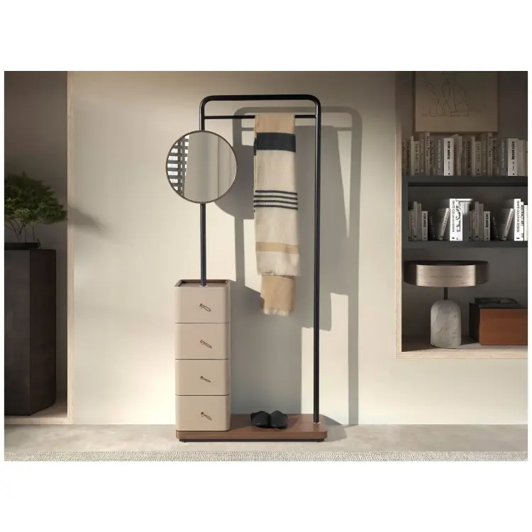 Вешалка для одежды 3281 из кожи, ореха и черной стали с зеркалом