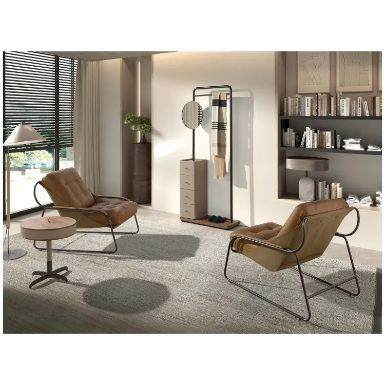 Вешалка для одежды 3281 из кожи, ореха и черной стали с зеркалом