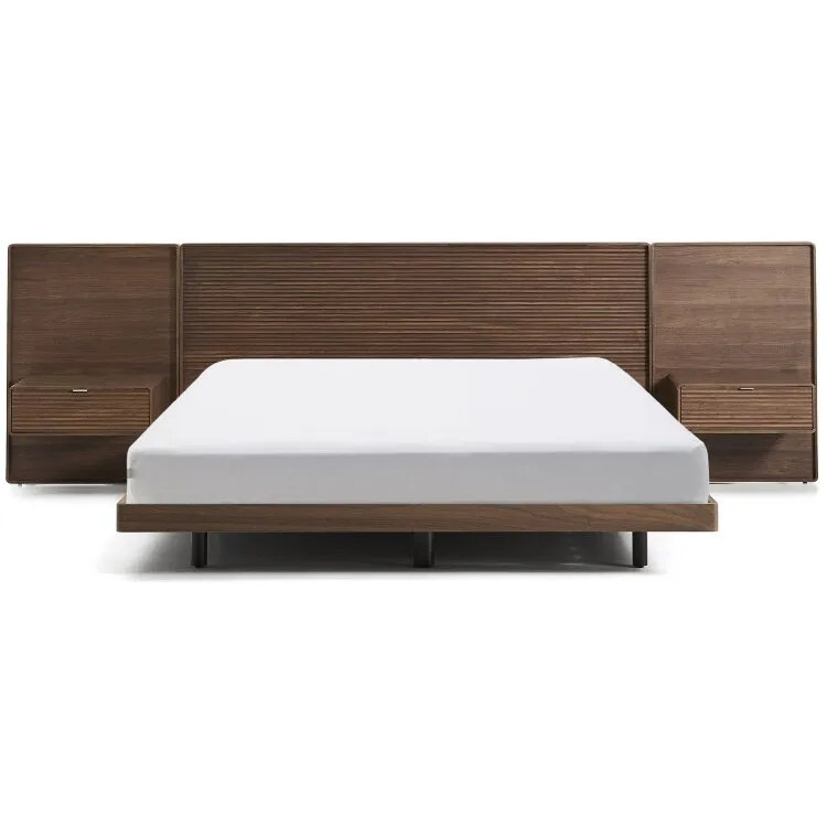 Кровать Norlen с 2 тумбочками из орехового шпона с темной отделкой LED 180 x 200 см