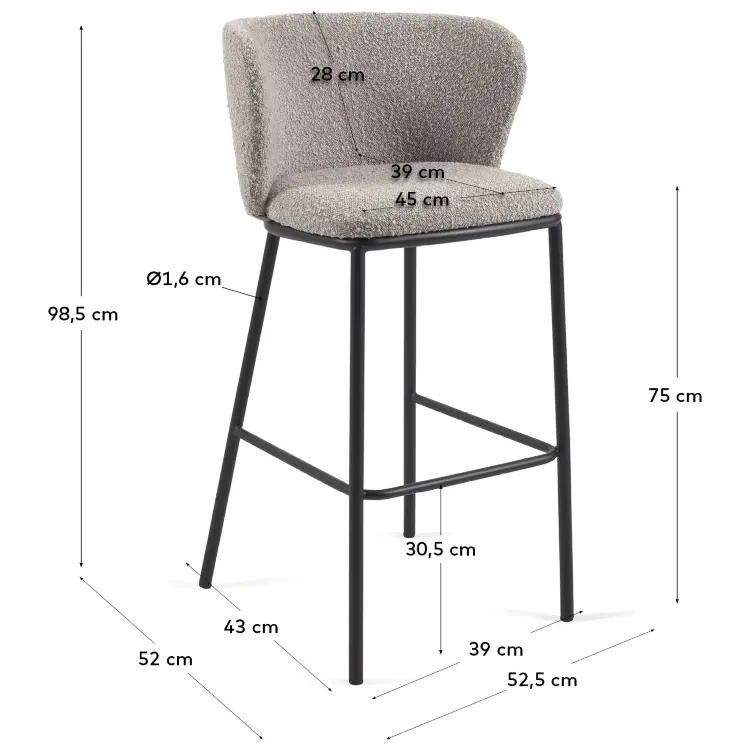 Барный стул Ciselia светло-серый из ткани букле и металла 102 см