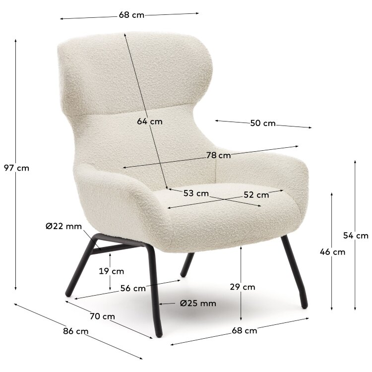 Belina Кресло из белой ткани букле и стали с черной отделкой