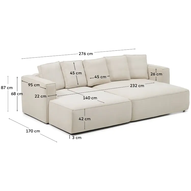 3-местный диван-кровать Marela бежевый шенилл с кушеткой слева, 276 см