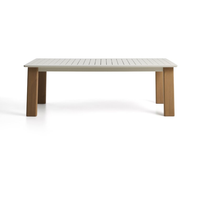 Раздвижной уличный стол Livorno из бежевого алюминия с ножками под дерево, 233(350) x 100 см