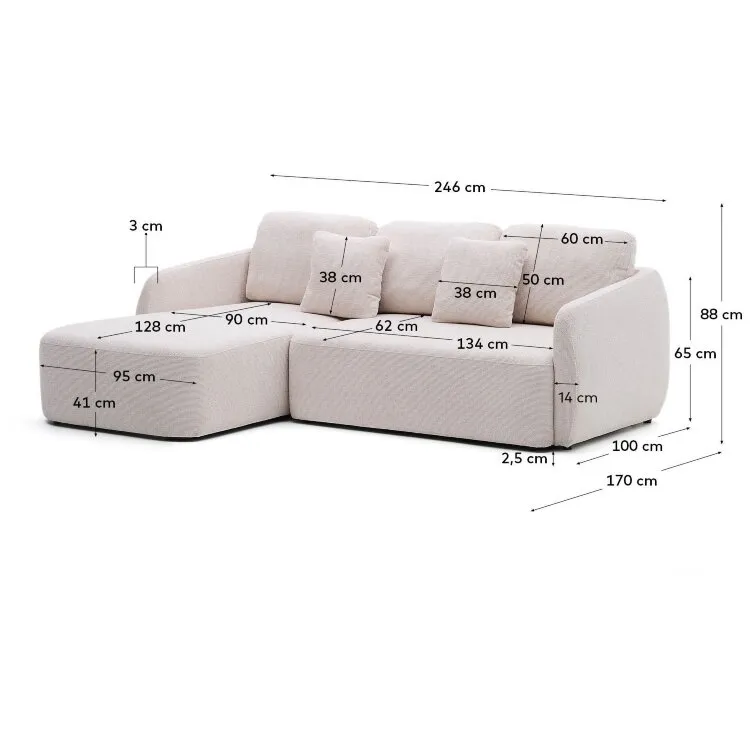 Laira 3-местный диван-кровать из шенилла с шезлонгом слева цвет экрю 246 см