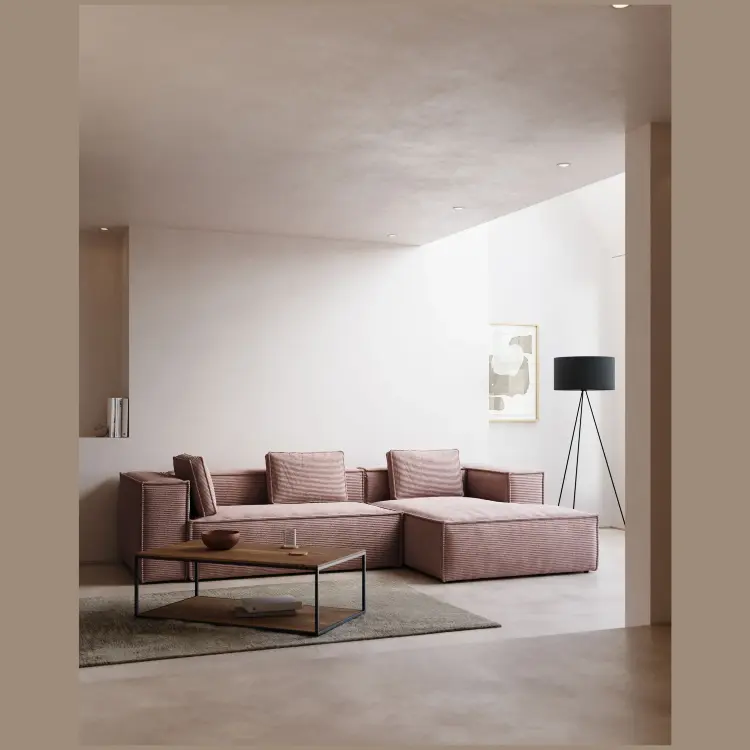 Диван 3х местный Blok правый шезлонг розовый вельвет 330 см