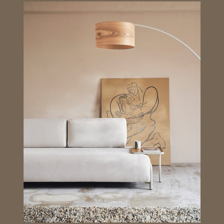 Compo 3-х местный диван из бежевой синели и серого металла с большим подносом 232 см