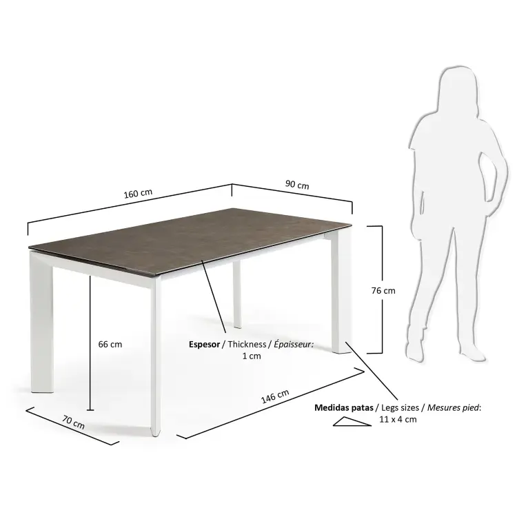 Стол Atta 160 (220)x90 керамика Vulcano Ash, белые ножки