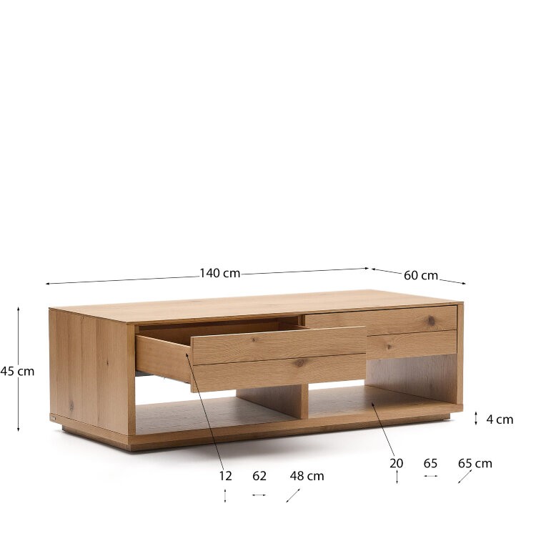 Журнальный столик Alguema с 2 ящиками из дубового шпона с натуральной отделкой 140 x 60 см