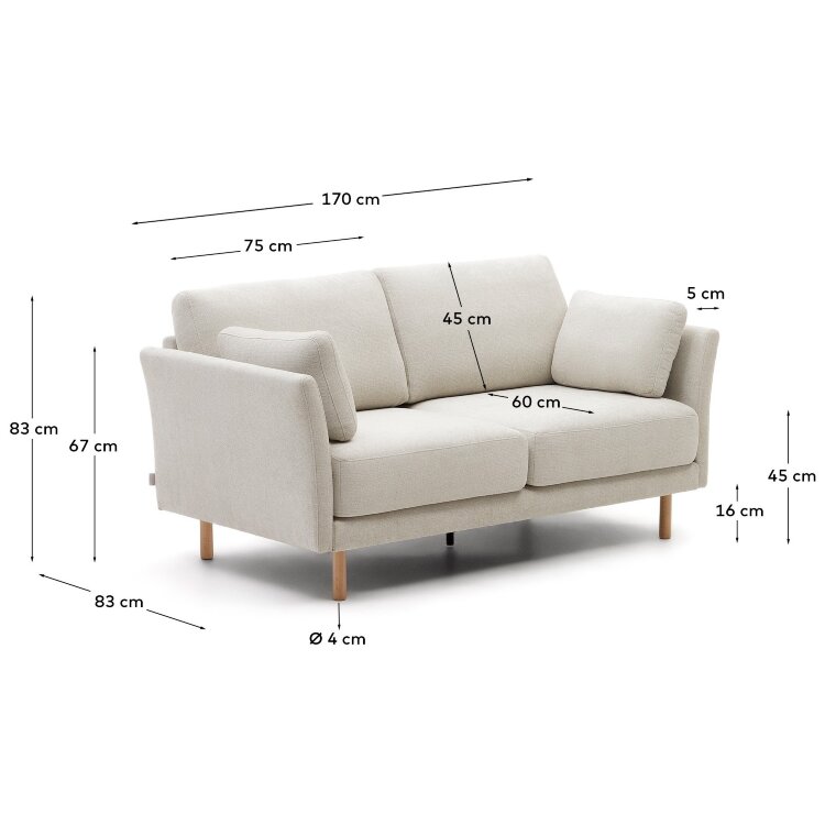 Gilma 2-местный диван бежевый с ножками в натуральной отделке 170 см