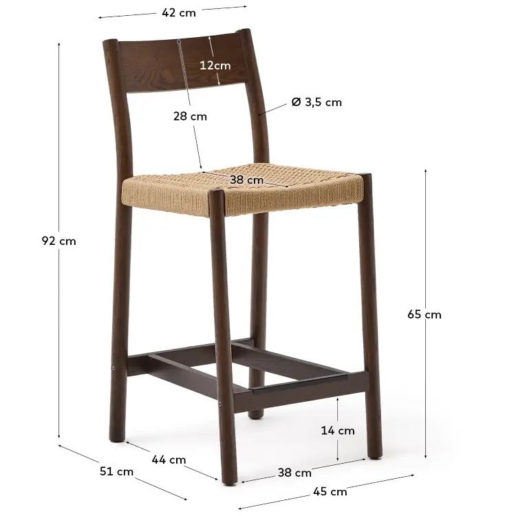 Analy Полубарный стул из массива дуба с отделкой под орех и сиденьем из веревки 65 см