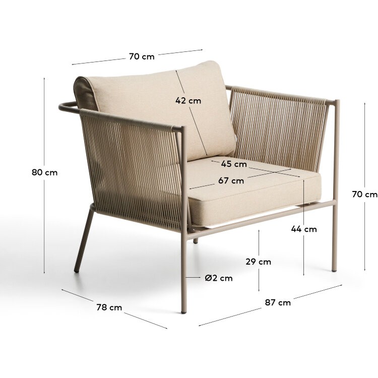 Уличное кресло Zivia из веревки цвета экрю и стали таупе 178 см