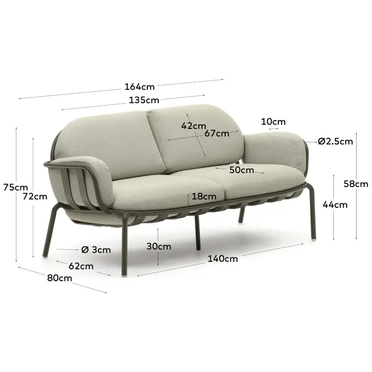 Уличный 2-местный диван Joncols с бежевой обивкой и серым алюминием 164 см