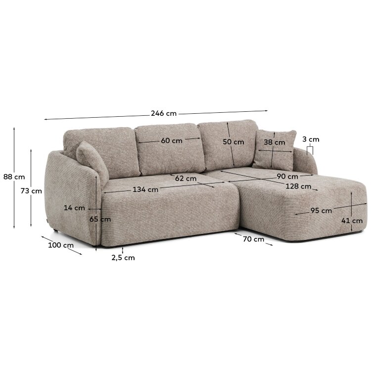 Трехместный диван-кровать Laira с правым шезлонгом из шенилла цвета таупе, 246 см