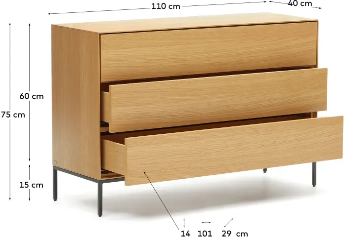 Vedrana Комод с 3 ящиками из дубового шпона со стальными ножками 110 x 75 см
