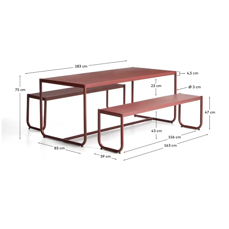 Комплект Sotil из 2 скамеек и стола из стали с гранатовой отделкой 183 x 83 cm