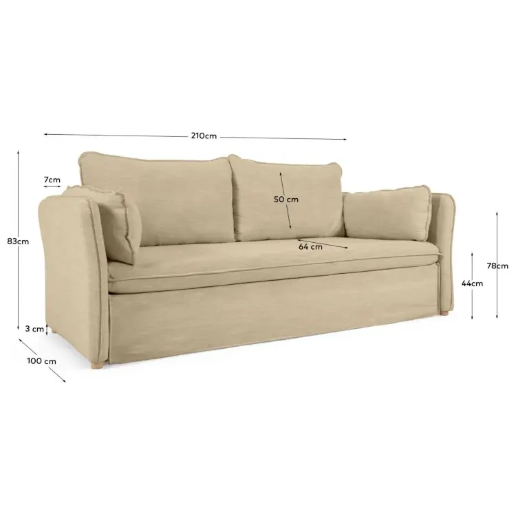 Диван-кровать Tanit бежевый с ножками из массива бука с натуральной отделкой 210 см