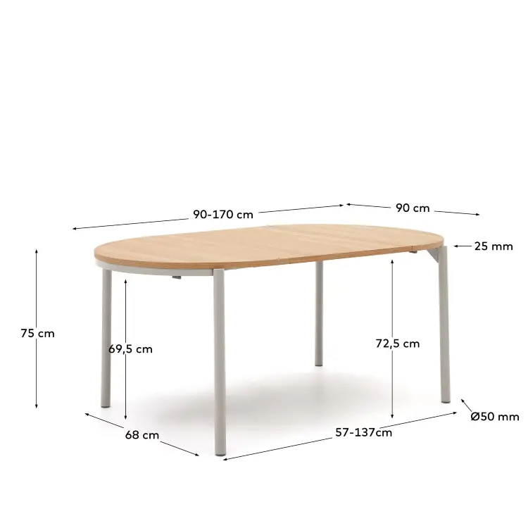 Montuiri Круглый раздвижной стол из дубового шпона с ножками серого цвета, Ø90(130) см
