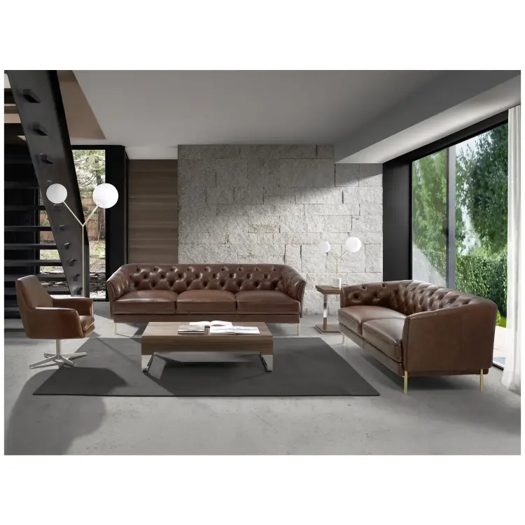 Диван 2-х местный 6139/KF106-2P-M1595 кожаный с золотистыми стальными ножками